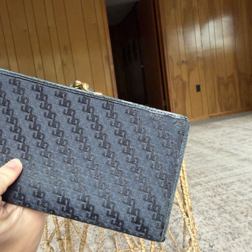 Vintage GUCCI GG Supreme Canvas Navy Blue Leather Wallet Logo Gold Snap Trifold - Picture 13 of 16
